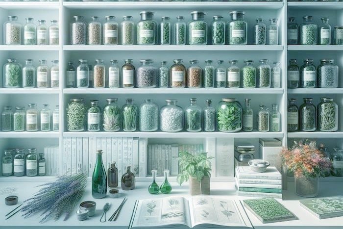 Shelves with supplemments and herbs and a table with books and educational and therapeutic material